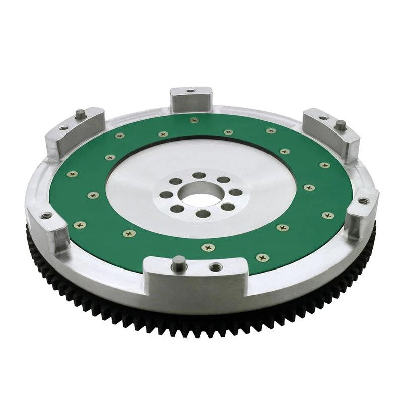 Fidanza performance aluminum flywheel featuring a replaceable steel friction plate and hardened ring gear.