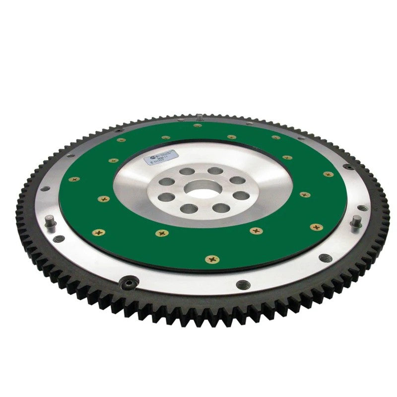 Fidanza 191681 billet aluminum flywheel showing the replaceable steel friction surface and ring gear.