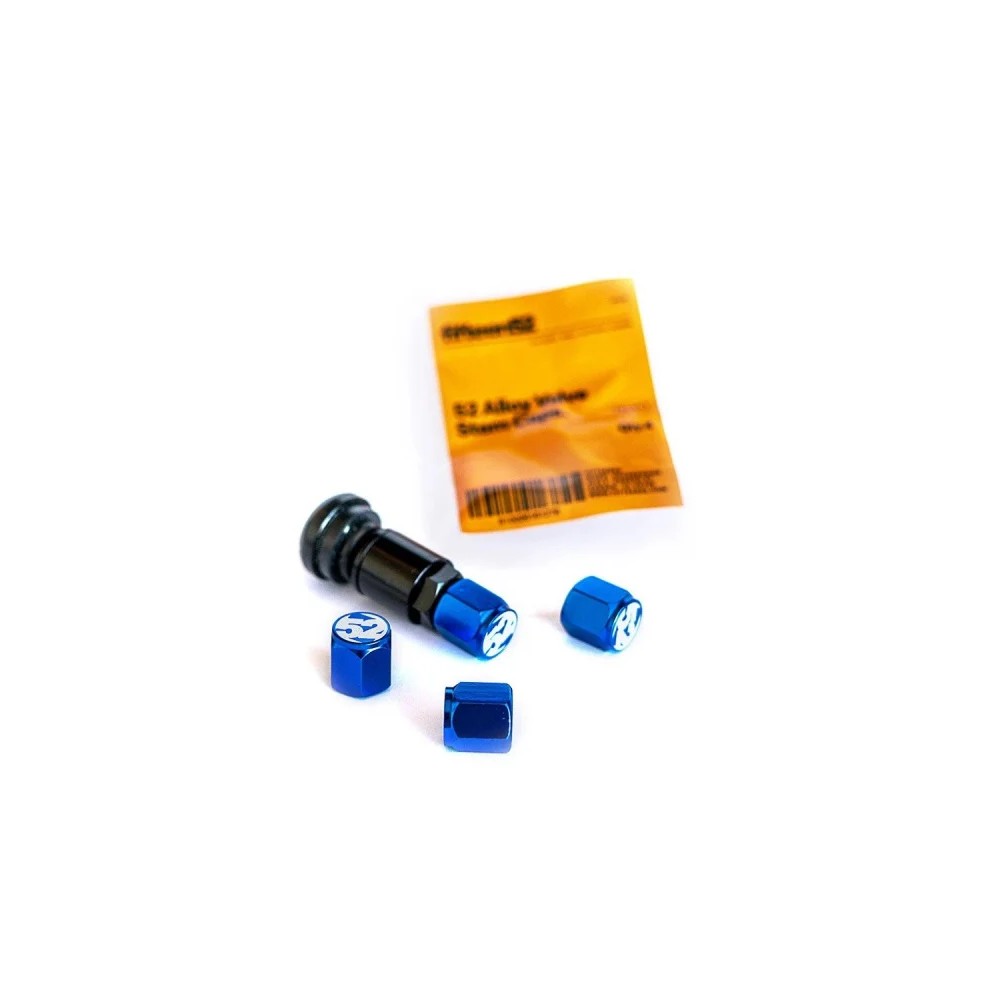 Set of four blue Fifteen52 branded tire valve stem caps