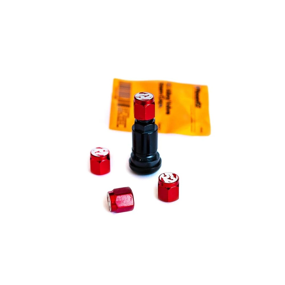 Set of four red Fifteen52 valve stem caps for automotive wheels