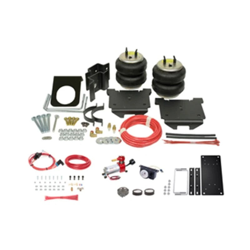 Firestone Ride-Rite air helper springs with onboard compressor and analog gauge for 2001-2010 GM trucks.