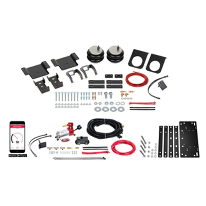 Firestone Ride-Rite air springs with wireless compressor and no-drill mounting plate for Toyota Tacoma.