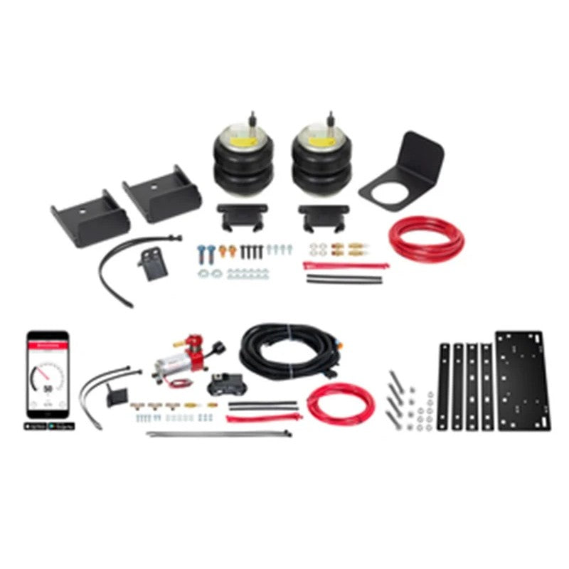 Firestone Ride-Rite air springs with wireless compressor, no-drill mounting plate, and hardware for Silverado 1500.