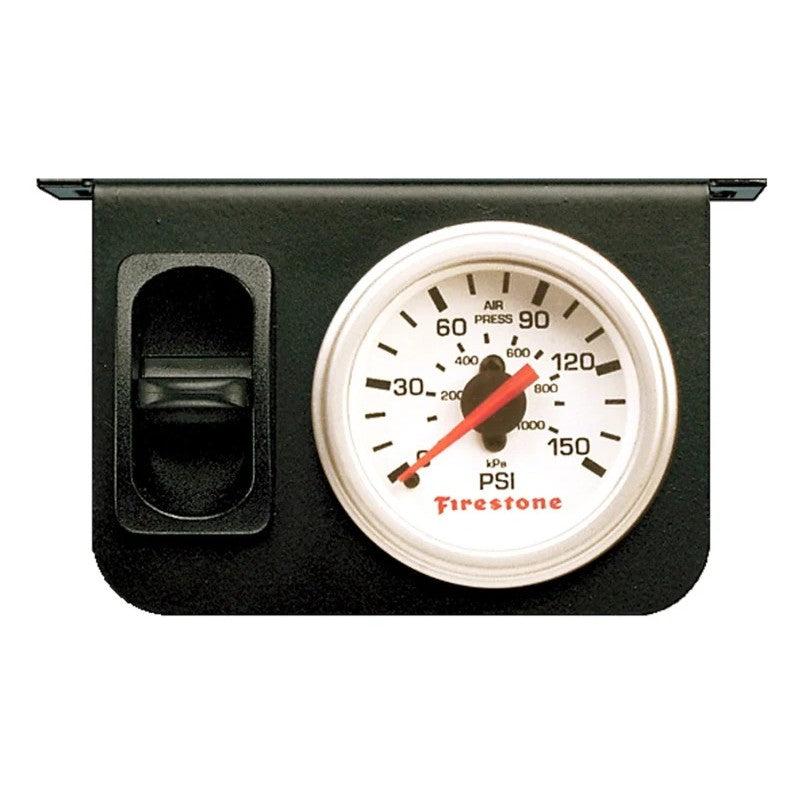 Firestone air suspension control panel featuring a white 0-150 psi gauge, toggle switch, and black mounting bracket.