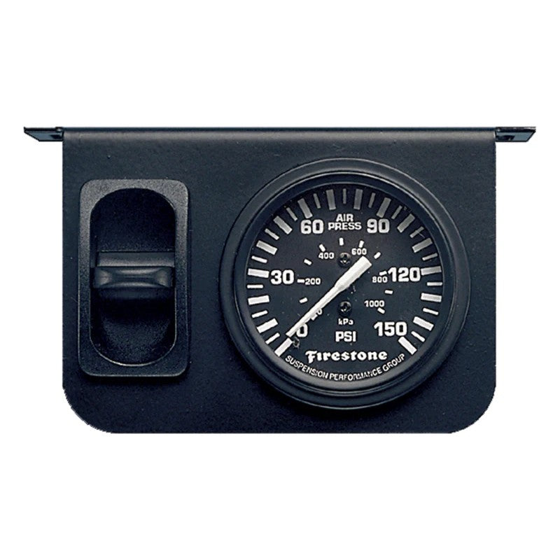 Firestone single analog gauge pneumatic air control panel with 0-150 psi display and manual toggle switch.