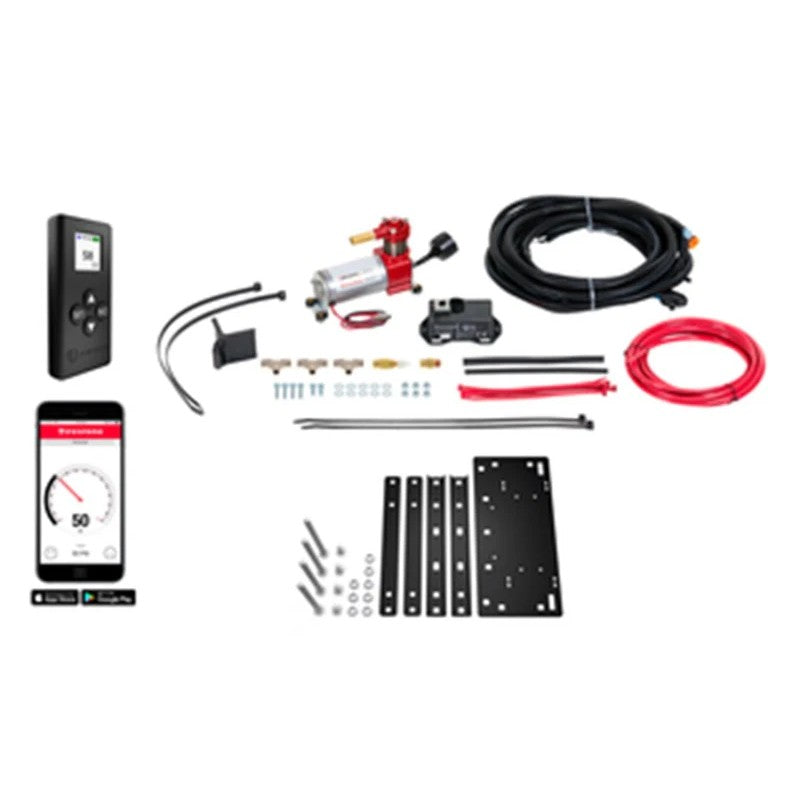 Firestone Air Command 2922 compressor kit including wireless remote, wiring harness, and no-drill mounting bracket.