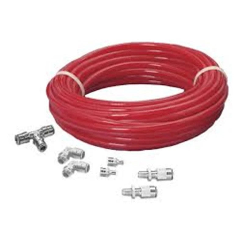 Firestone Air Line Service Kit 2012 featuring 18 feet of black air tubing, brass inflation valves, and elbow fittings.