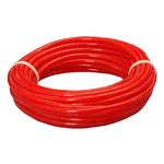 Coiled 18-foot length of 1/4-inch red plastic air line tubing for Firestone air spring systems.