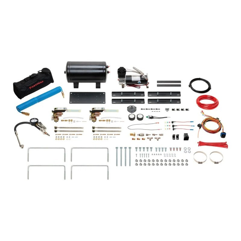Firestone 2955 Air-Rite Air Command kit components including 2-gallon tank, extreme duty compressor, and mounting hardware.