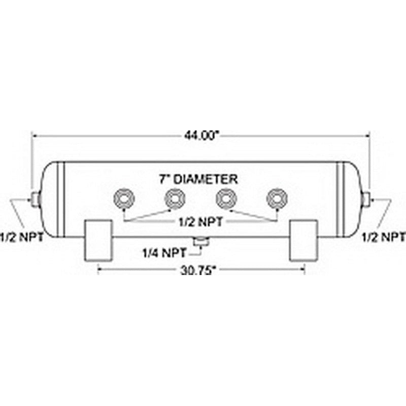 Firestone 20-gallon horizontal steel air tank with black enamel finish showing multiple NPT ports.