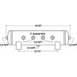 Firestone 20-gallon horizontal steel air tank with black enamel finish showing multiple NPT ports.