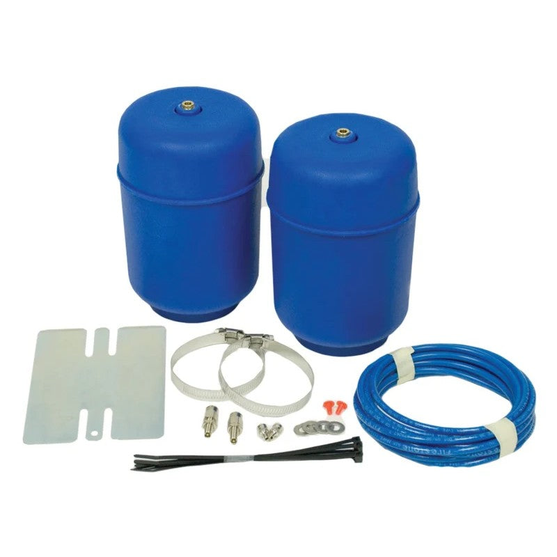 Pair of red Firestone Coil-Rite polyurethane air helper springs with air line and inflation valves.