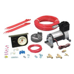 Firestone Level Command II analog gauge, control switch, and standard duty air compressor kit components.
