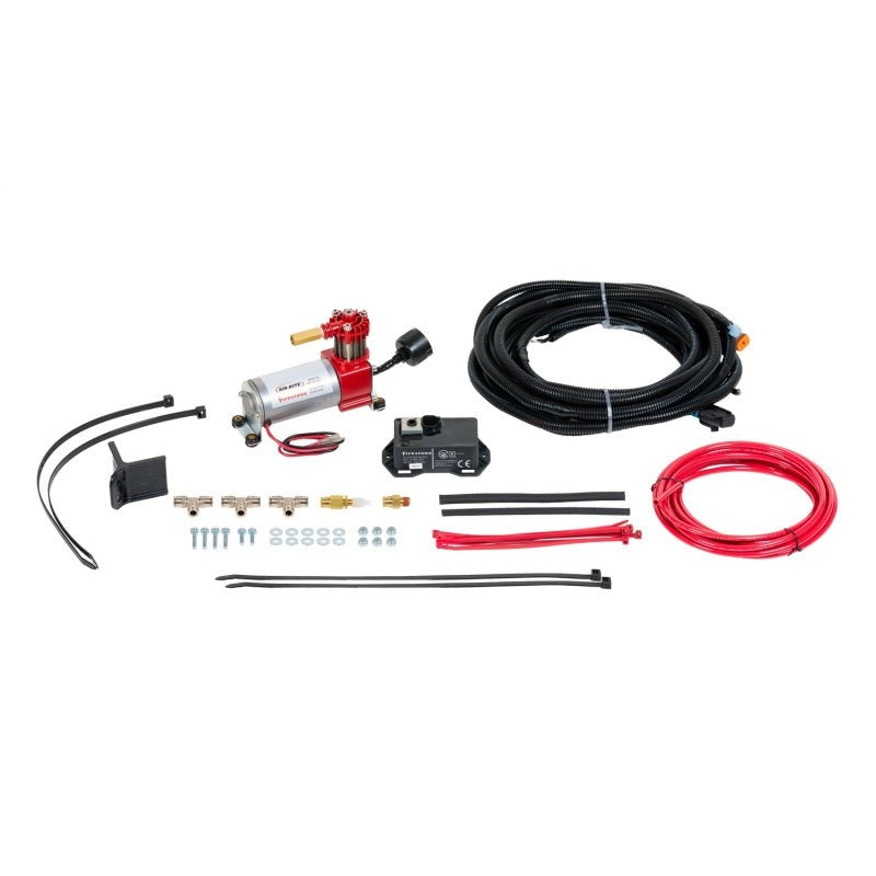 Firestone Ride-Rite Air Command wireless air management system including compressor, wiring harness, and air lines