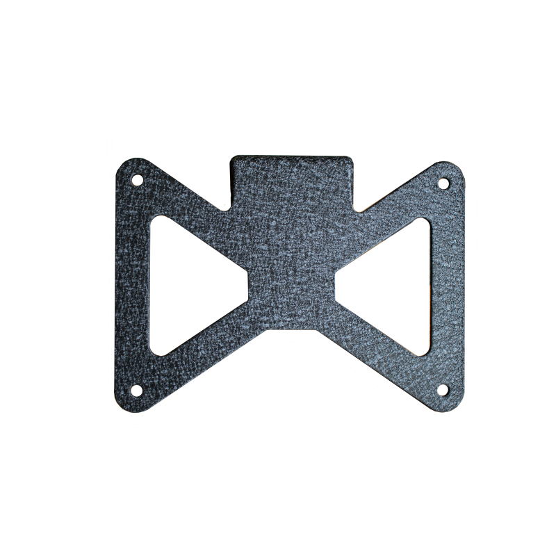 Black powder-coated aluminum flip-up license plate bracket installed on a Jeep Hawse winch fairlead.