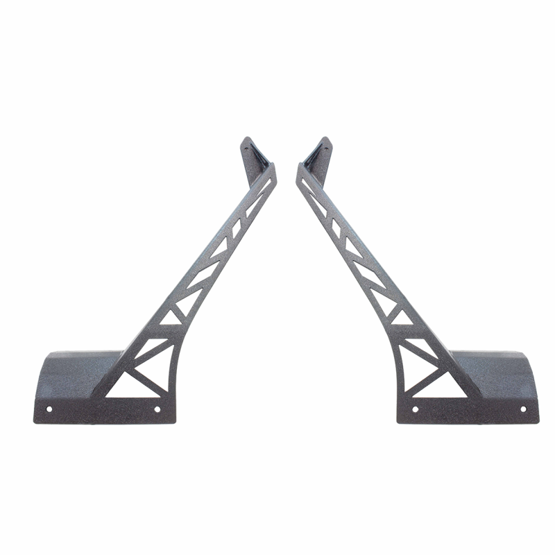Black textured steel windshield brackets by Fishbone Offroad for mounting a 52 inch light bar on a Jeep JL or JT.