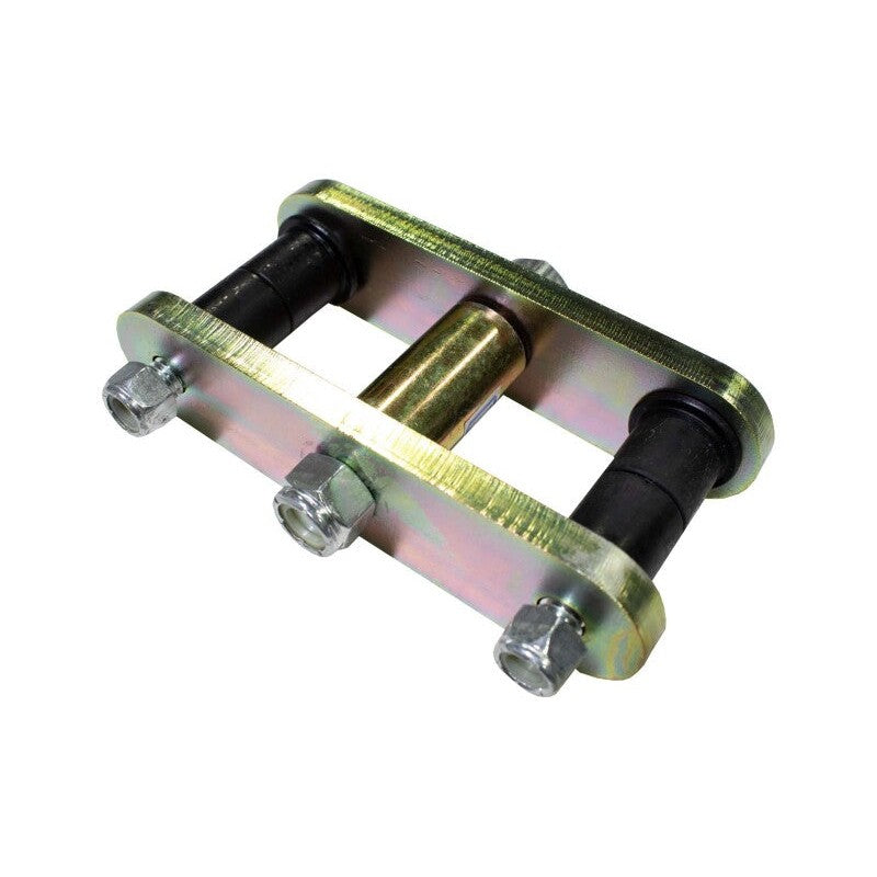 Zinc-plated 3/8-inch steel greaseable leaf spring shackles with polyurethane bushings for 1946-1975 Jeep CJ-5.