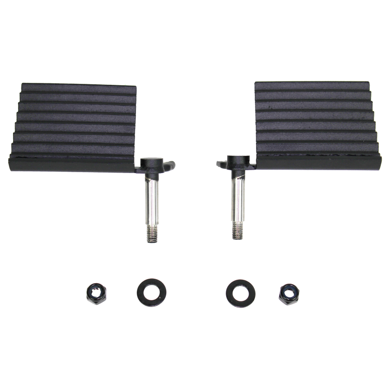 Gloss black steel foot pegs with integrated rubber bumpers for 1975-2006 Jeep door hinges.