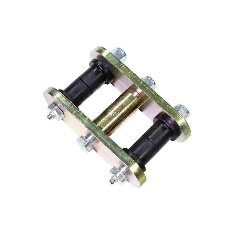 Zinc plated 3/8-inch steel front greaseable shackles with black polyurethane bushings and hardware for 1976-1986 Jeep CJ7.