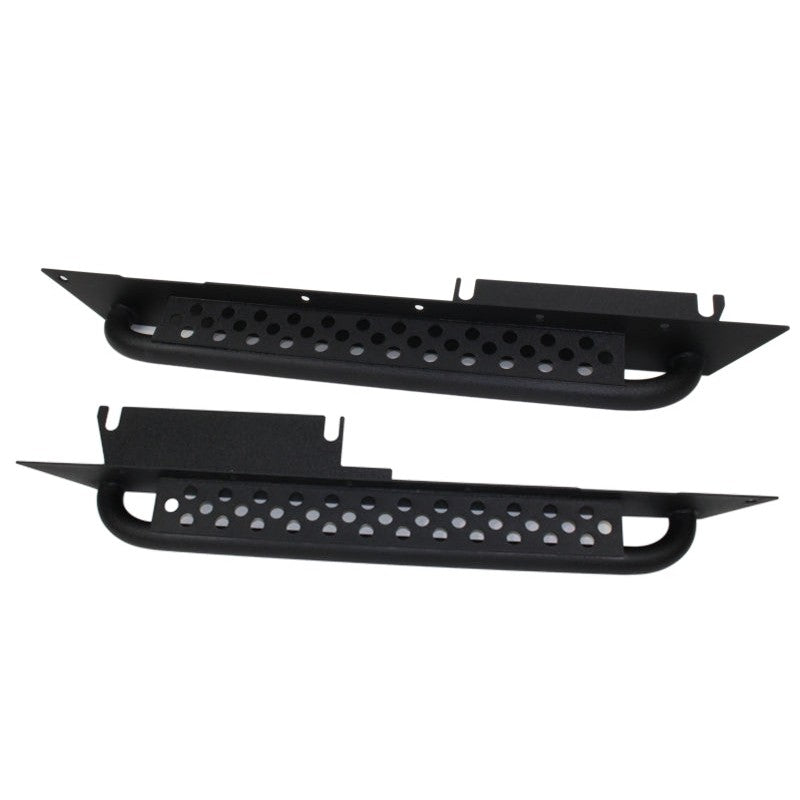 Fishbone Offroad black textured steel rock slider with 2-inch tubing and integrated step for 1997-2006 Jeep Wrangler TJ.