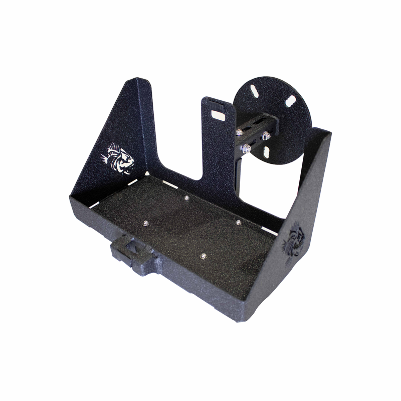 Fishbone Offroad black powder-coated spare tire jerrycan mount with 7-foot ratchet strap and stainless steel hardware.