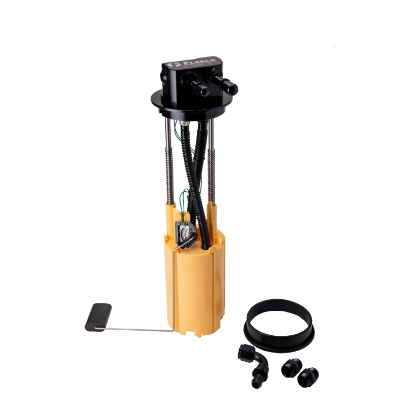 Fleece Performance SureFlo sending unit featuring a billet aluminum cap, fuel float, and -8 AN ports for GM 6.6L Duramax.