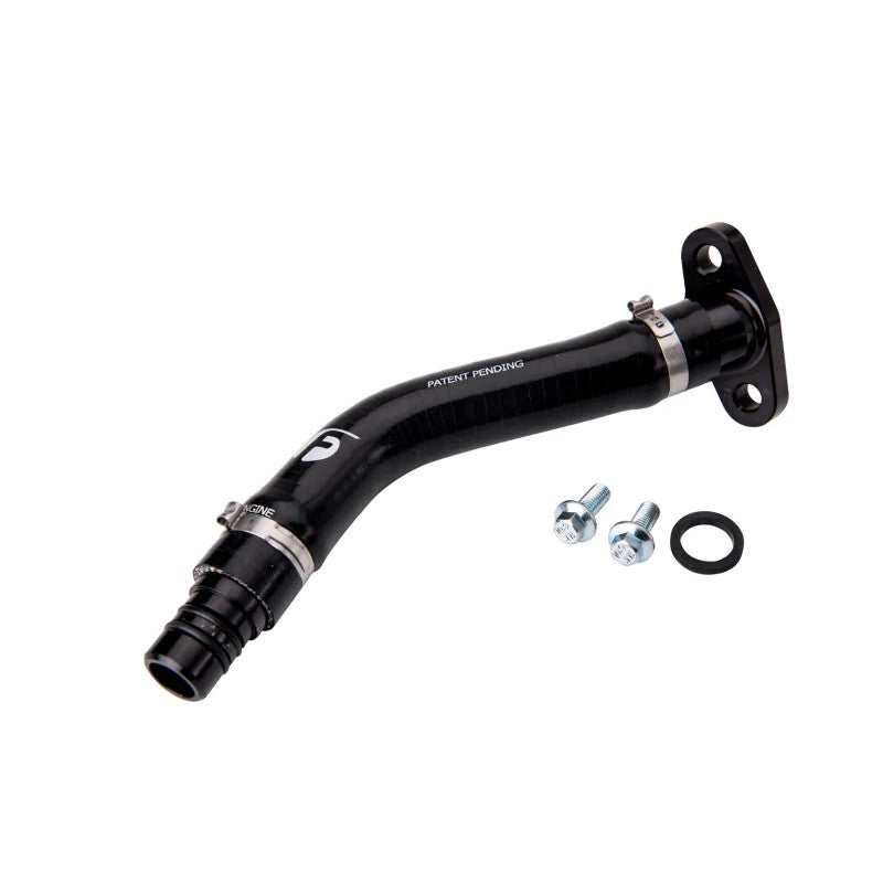 Fleece Performance flexible silicone turbo drain tube kit with black anodized billet aluminum fittings and O-ring seal.