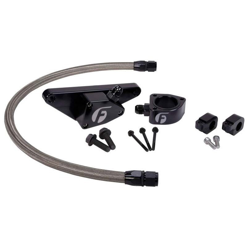 Fleece Performance manual transmission coolant bypass kit with stainless steel braided hose and AN O-ring fittings.