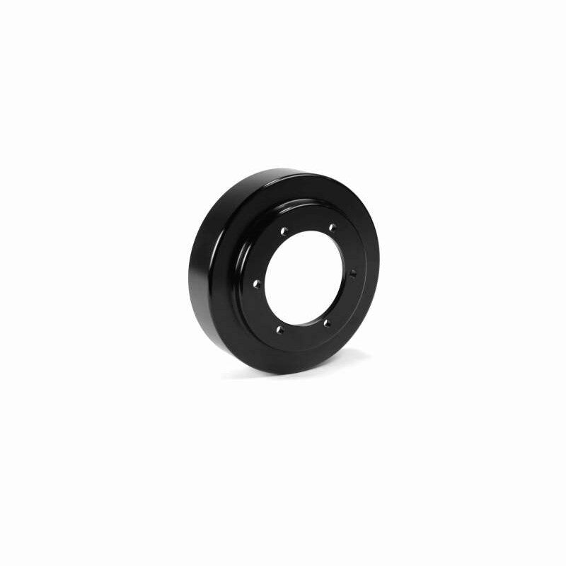 Black anodized billet aluminum fan drive pulley for 2003-2012 Dodge Ram 2500 and 3500 Cummins trucks.