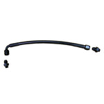 Fleece Performance turbo oil feed line with Teflon hose, high-temperature sleeve, and aluminum AN fittings.