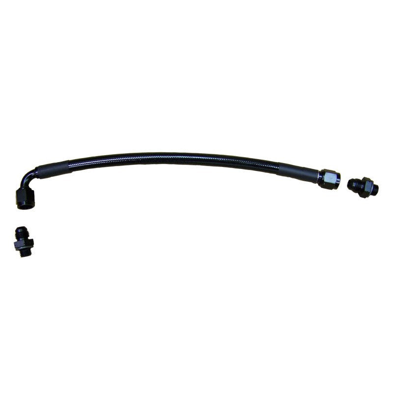 Fleece Performance turbo oil feed line with Teflon hose, high-temperature sleeve, and aluminum AN fittings.