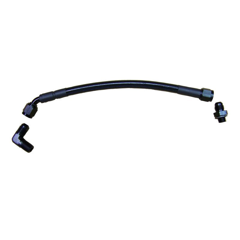 Fleece Performance turbo oil feed line with high-temperature sleeve, 90-degree fitting, and M12 adapter.