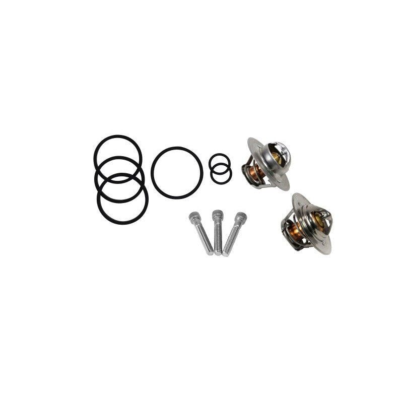 Fleece Performance Cummins Coolant Bypass Service Kit including replacement O-rings, fasteners, and two thermostats.