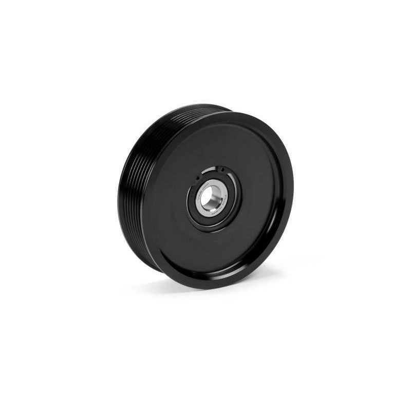 Black contrast Fleece Performance upper fan pulley idler for 2003-2018 Dodge Ram 2500/3500 Cummins diesel engines.