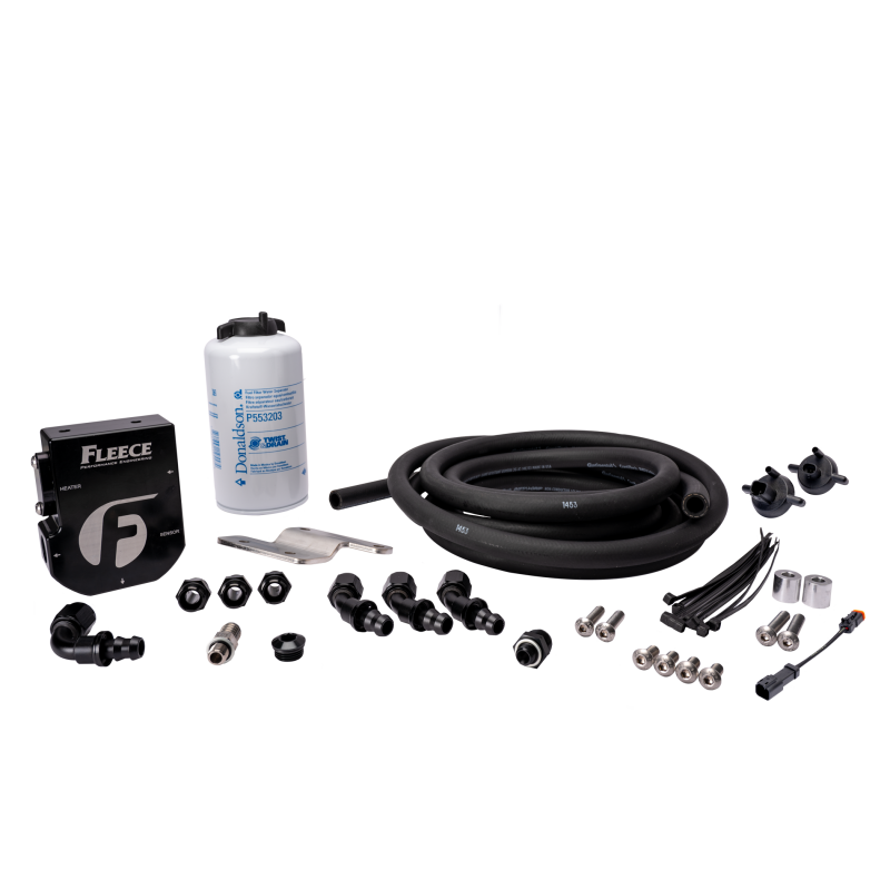 Fleece Performance auxiliary fuel filter kit with Donaldson filter, hoses, and fittings for 2003-2018 Cummins trucks