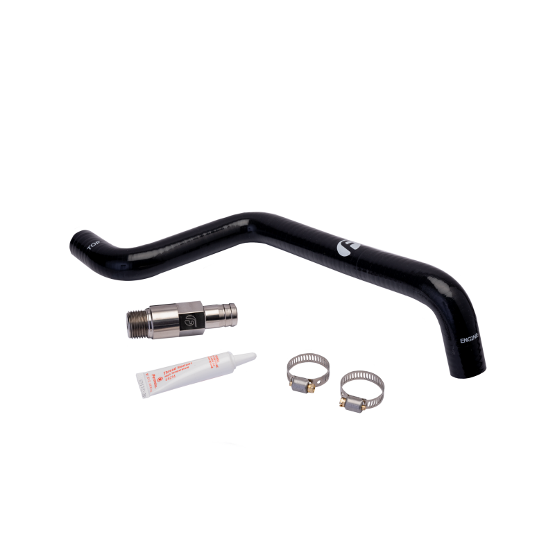 Fleece Performance heater core hose kit featuring a black silicone hose, stainless steel fitting, and hardware