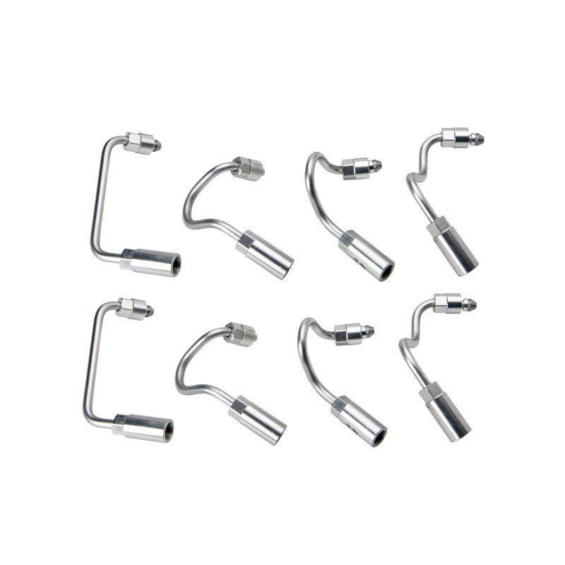 Fleece Performance set of eight silver high pressure fuel injection lines for 2004-2005 GM 6.6L Duramax engines.