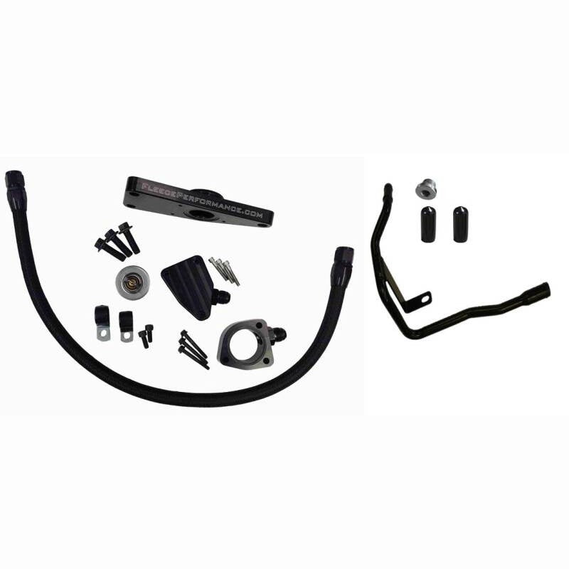 Fleece Performance coolant bypass kit featuring braided hose, billet brackets, and AN fittings for Cummins engines.
