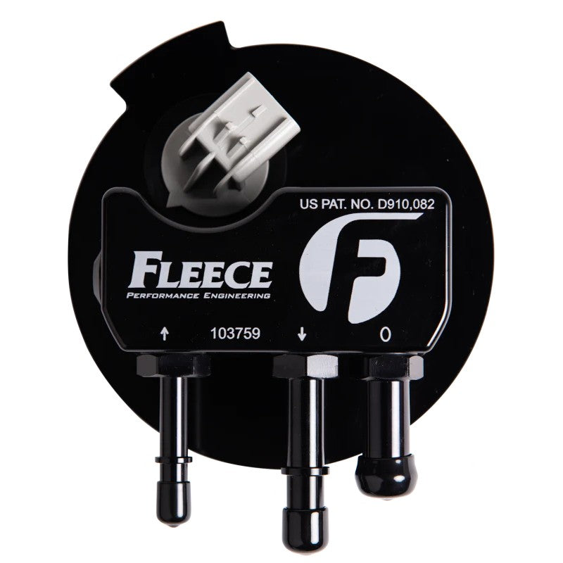 Fleece Performance SureFlo sending unit for GM Duramax featuring a billet aluminum cap and integrated fuel bucket assembly.