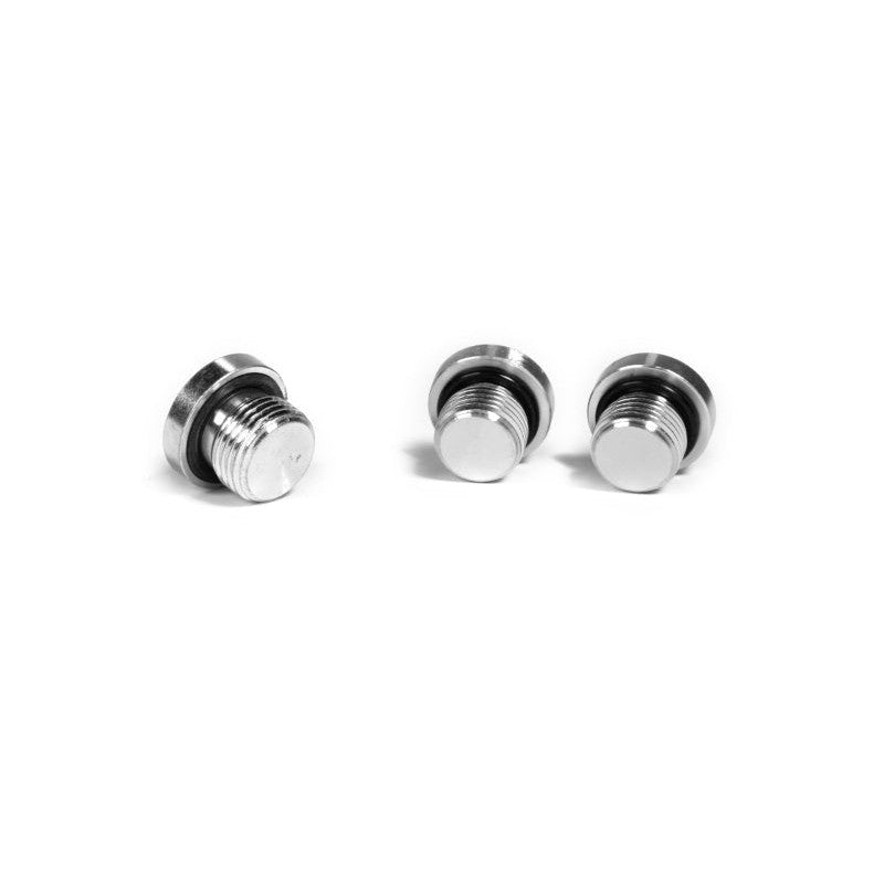 Fleece Performance turbo coolant delete kit featuring two 16mm and one 18mm Allen head port plugs.