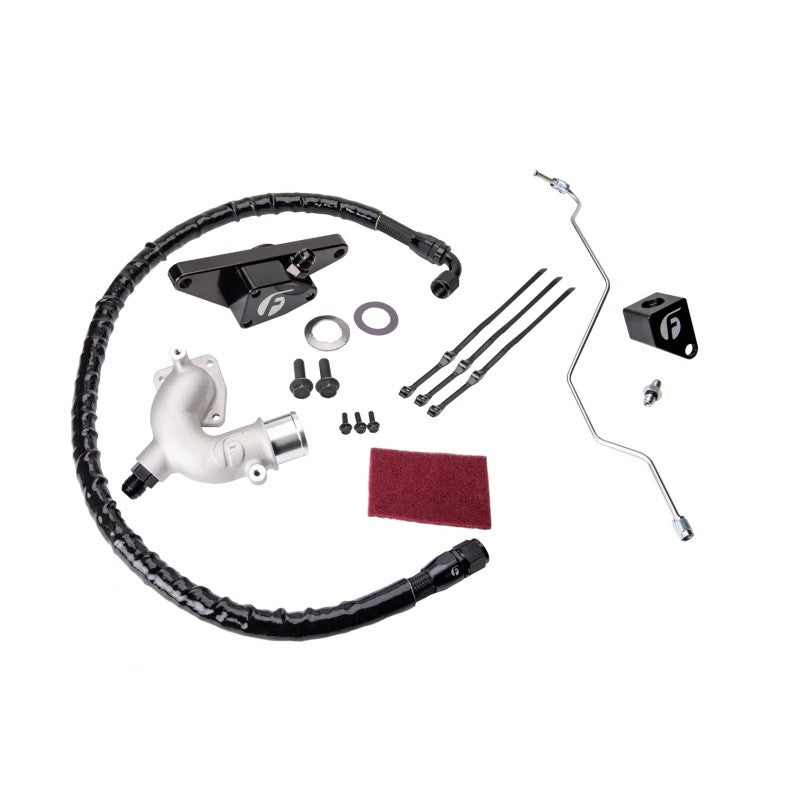 Fleece Performance 6.7L Cummins coolant bypass kit featuring braided hoses, thermostat housings, and AN fittings.