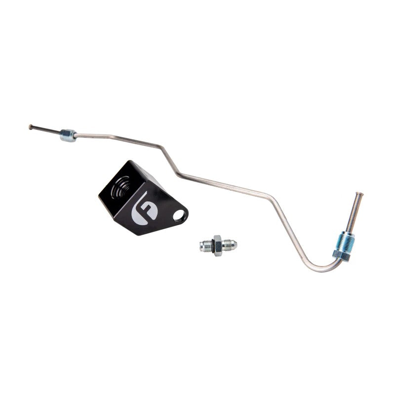 Fleece Performance EBP sensor relocation kit with mounting block and exhaust manifold pressure feed tube.