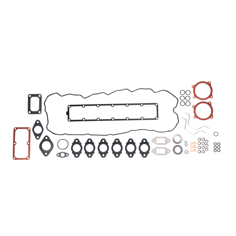 Fleece Performance upper gasket set for 6.7L Cummins featuring assorted O-rings, manifold gaskets, and injector seals.