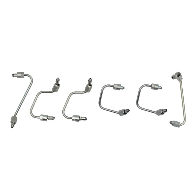 Complete six-piece silver high-pressure fuel injection line set for 6.7L Cummins diesel engines.