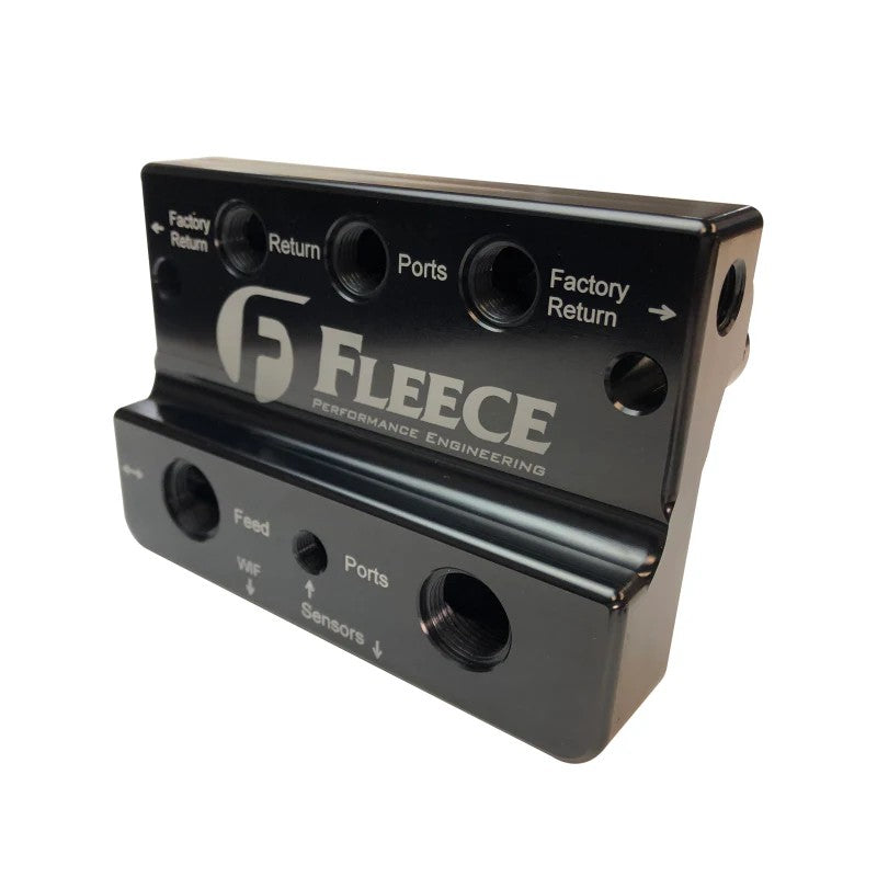 Fleece Performance 4th Gen Fuel Distribution Block for 6.7L Cummins with AN fittings and sensor ports.