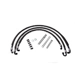 Fleece Performance heavy duty transmission cooler lines with 5/8 inch hoses, AN fittings, and black protective sleeves.