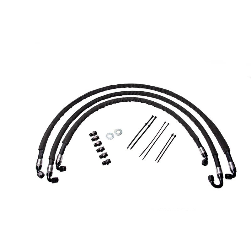 Fleece Performance heavy duty transmission cooler lines with 5/8 inch hoses, AN fittings, and black protective sleeves.