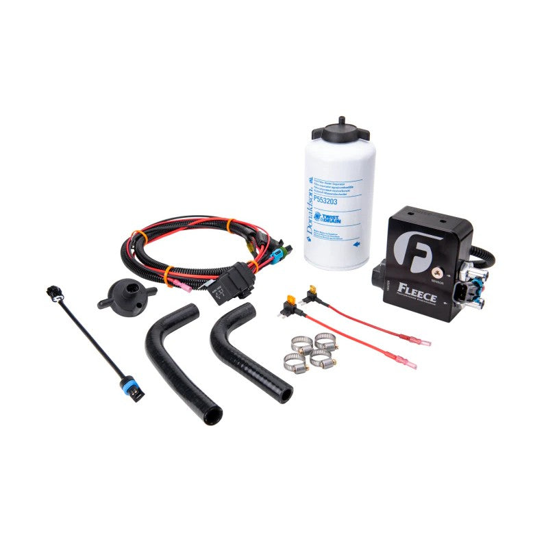 Fleece Performance heated fuel filter base with Donaldson 3-micron spin-on filter, WIF sensor, and wiring harness.