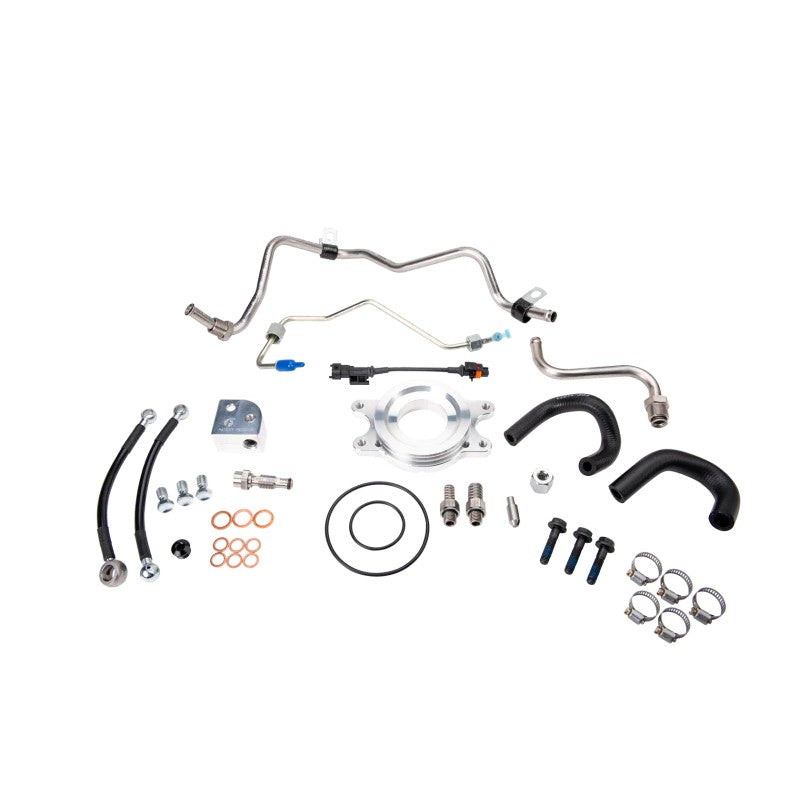 Fleece Performance CP3 conversion hardware kit featuring preformed fuel lines, mounting adapter, and extension harness.
