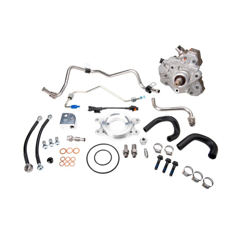 Fleece Performance 10mm HD CP3 conversion kit for LML Duramax featuring Bosch pump, high-flow fittings, and molded hoses.